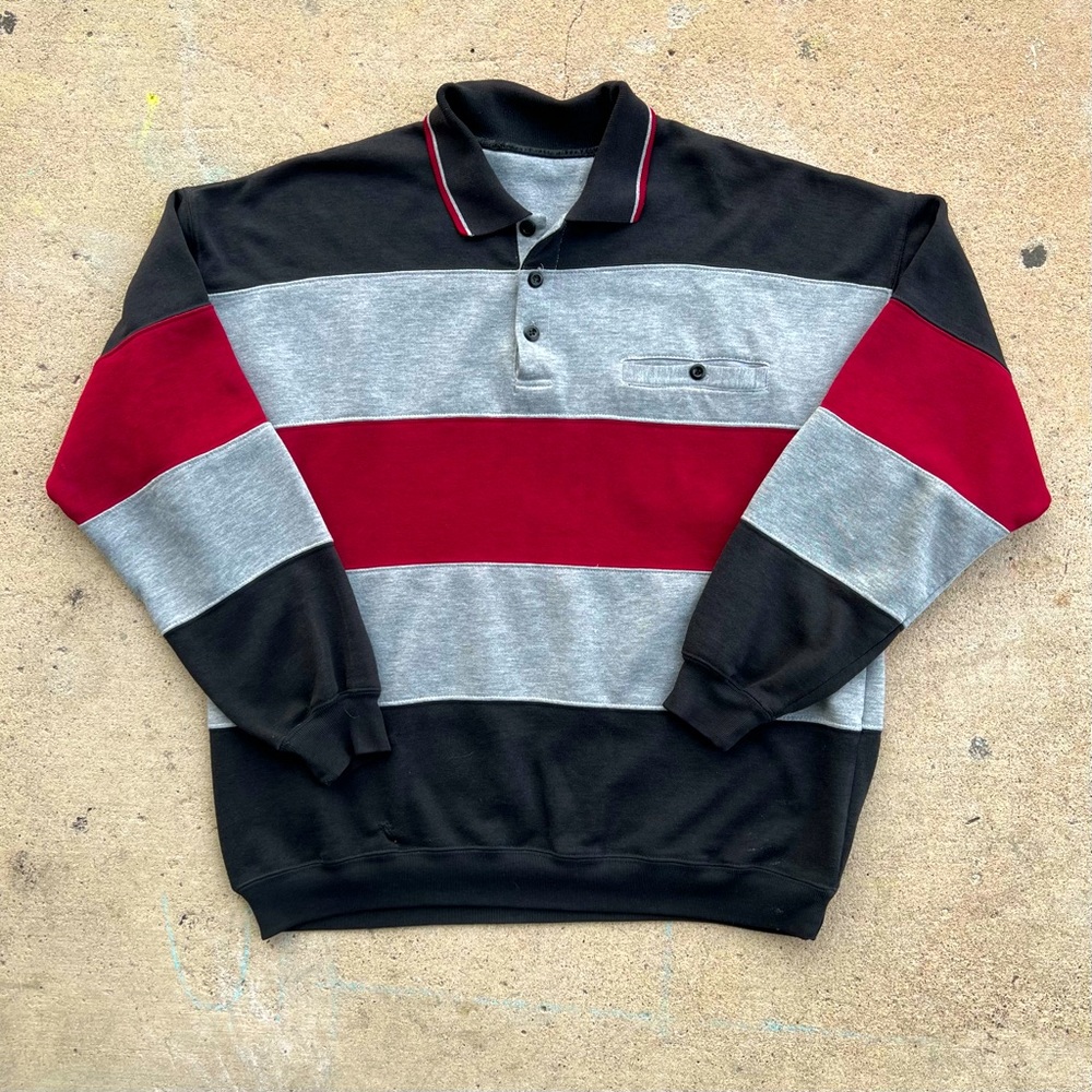 Men’s vintage 80s penguin color block polo red black grey collar sweatshirt gray
